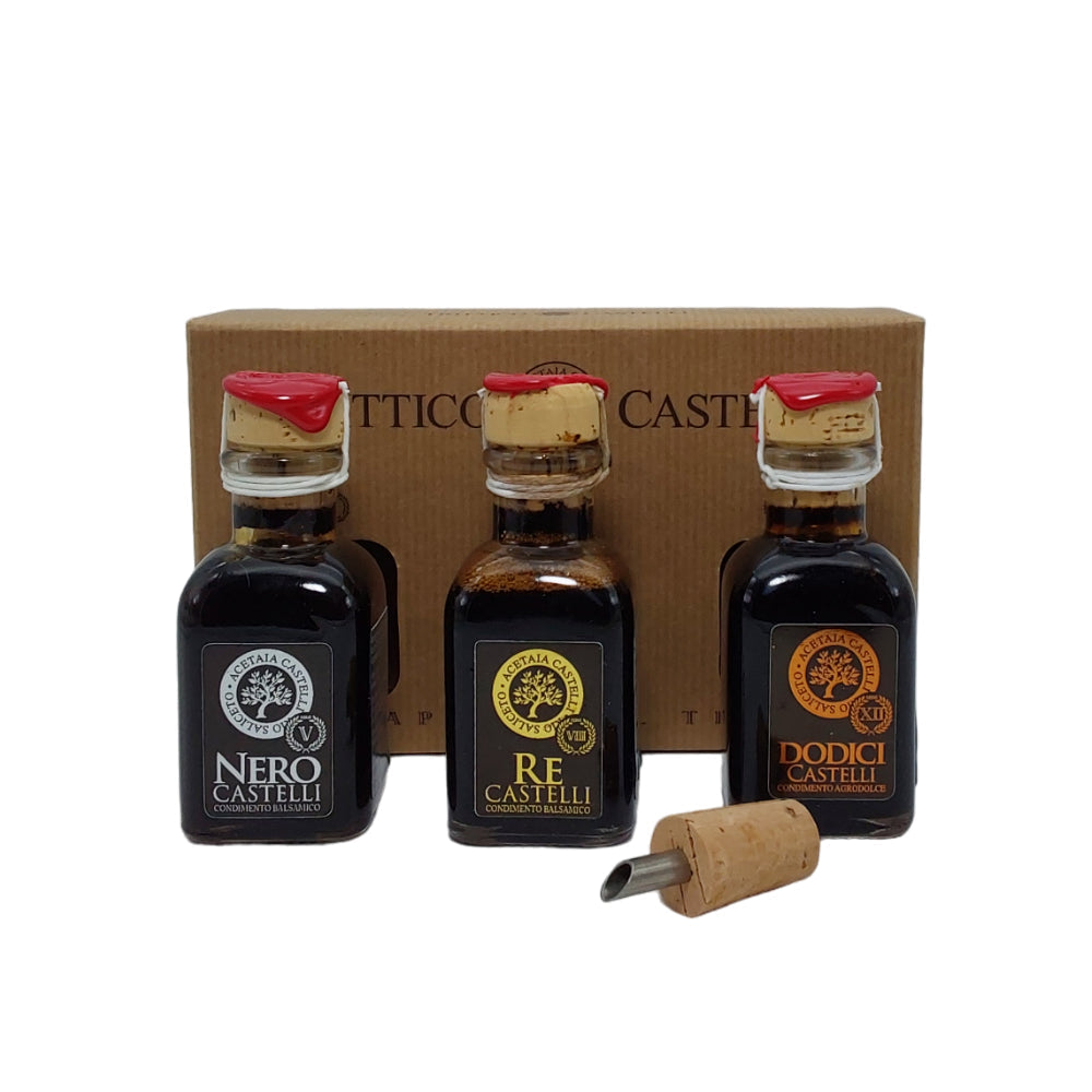 Trittico Castelli balsamic vinegar trio 5-8-12 years aged Modena Italy - Nero Re Dodici Castelli gourmet gift collection by vitalitaly