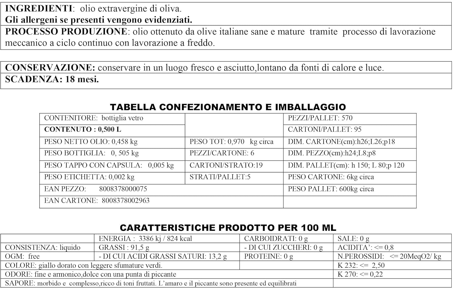 Vitalitaly Olivenöl Tumaiì 500ml Rückseite Etikett mit Nährwertangaben – kaltgepresstes ligurisches Olivenöl extra vergine