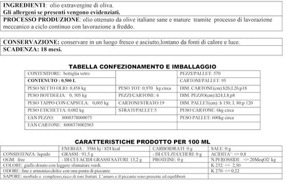 Vitalitaly Olivenöl Tumaiì 500ml Rückseite Etikett mit Nährwertangaben – kaltgepresstes ligurisches Olivenöl extra vergine