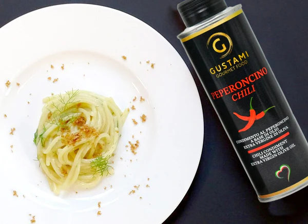 Chili infused oil Gustami spicy Italian condiment - Premium hot pepper aromatic oil - Perfect spaghetti aglio e olio