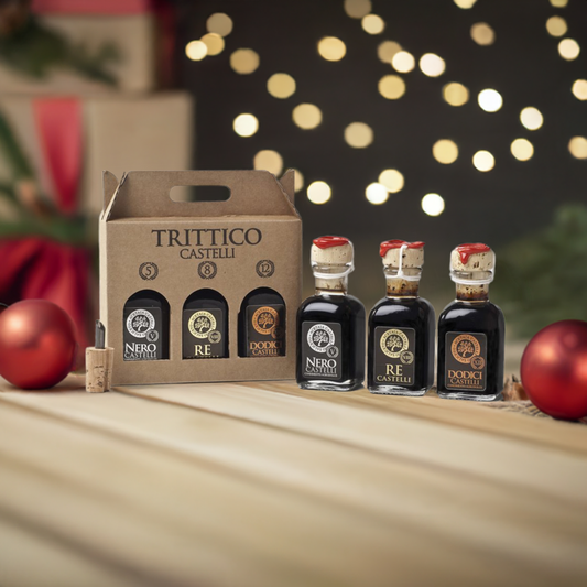 Christmas aged balsamic vinegar trio 5-8-12 years luxury gift set - Global premium Modena collection, exclusive holiday gourmet present by Vitalitaly