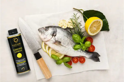 Zitronen-Olivenöl Gustami – Toskanisches Gewürzöl für Fischgerichte – Premium aromatisches Zitronenöl zum Kochen