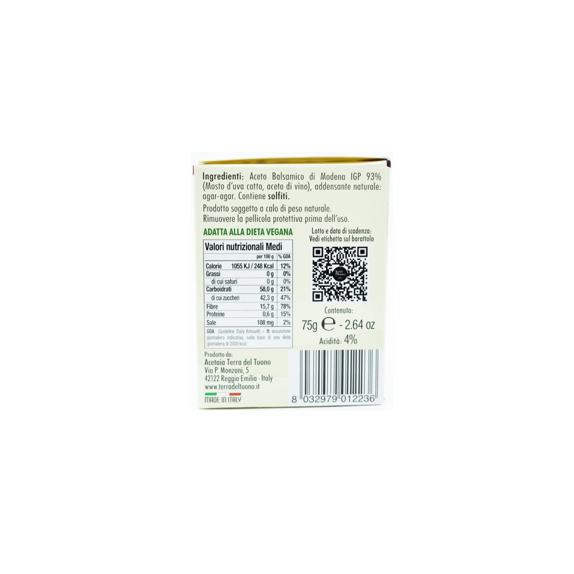Balsamico Kugeln Modena IGP Verpackung Rückseite Nährwertangaben vegan glutenfrei – molekulare Gourmet Perlen aus Italien | vitalitaly