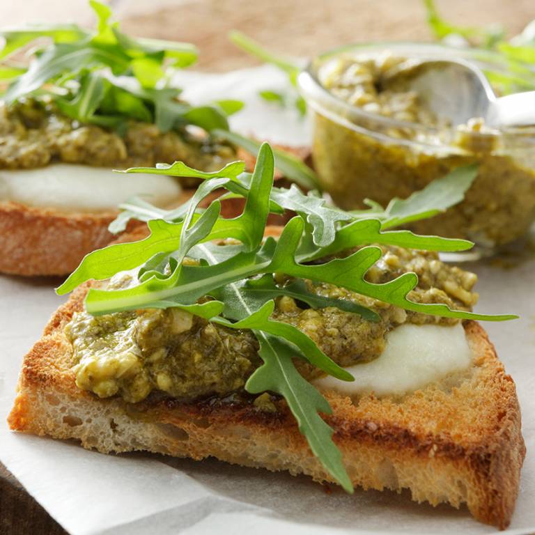 Toasts pesto Italian appetizer gourmet snack fresh herbs premium artisanal - Delicious Italian toast creations by Vitalitaly