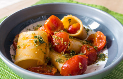 Vitalitaly Paccheri with creamy Burrata — Authentic Campania recipe with bronze-drawn artisan pasta, fresh burrata and cherry tomatoes for an indulgent Italian summer dish