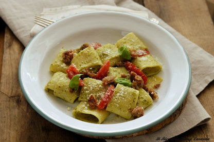 Vitalitaly Paccheri with Italian sausages and Parmesan — Only Vitalitaly Food delivers this authentic Campania recipe with bronze-drawn artisan pasta that captures every flavour in its wide, generous tube