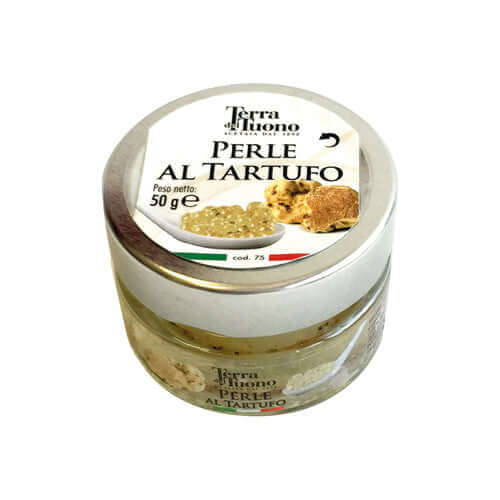 White truffle balsamic pearls — molecular gastronomy luxury condiment, vegan spherification by Vitalitaly, Italian artisanal fine dining